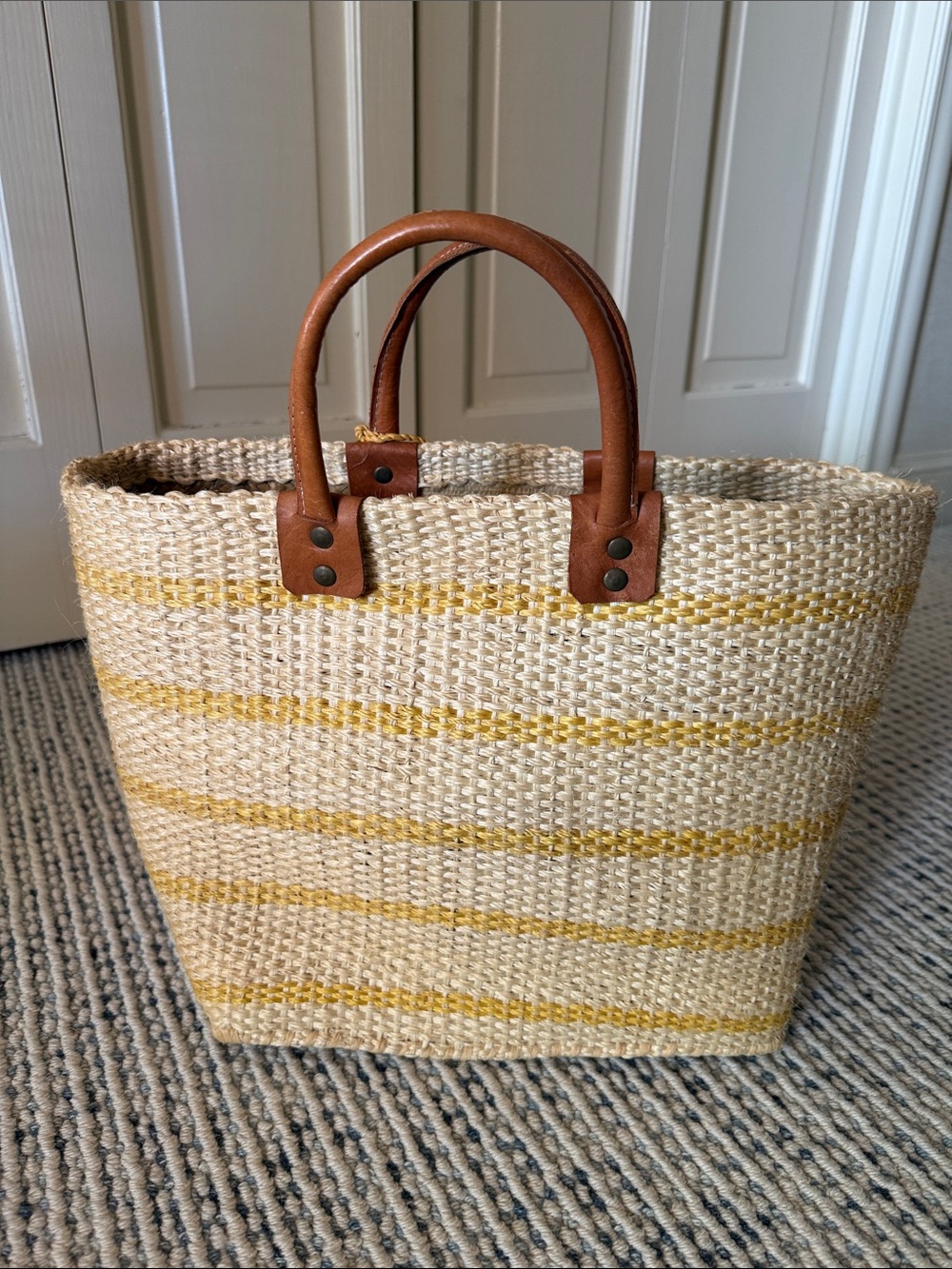 Mar Y Sol Woven Straw Tote with yellow Stripe and Pom Pom Accents - Picture 4 of 5